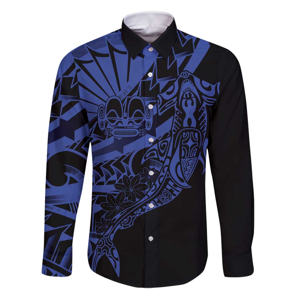 Blue Marquesas Islands Family Matching Summer Maxi Dress and Hawaiian Shirt Marquesan Matatiki Hammerhead Shark Patutiki LT14 Dad's Shirt - Long Sleeve Blue - Polynesian Pride