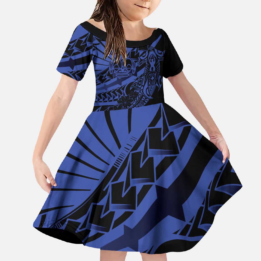 Blue Marquesas Islands Family Matching Tank Maxi Dress and Hawaiian Shirt Marquesan Matatiki Hammerhead Shark Patutiki LT14 Daughter's Dress Blue - Polynesian Pride