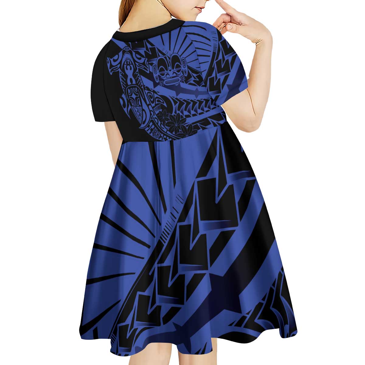 Blue Marquesas Islands Kid Short Sleeve Dress Marquesan Matatiki Hammerhead Shark Patutiki - Polynesian Pride