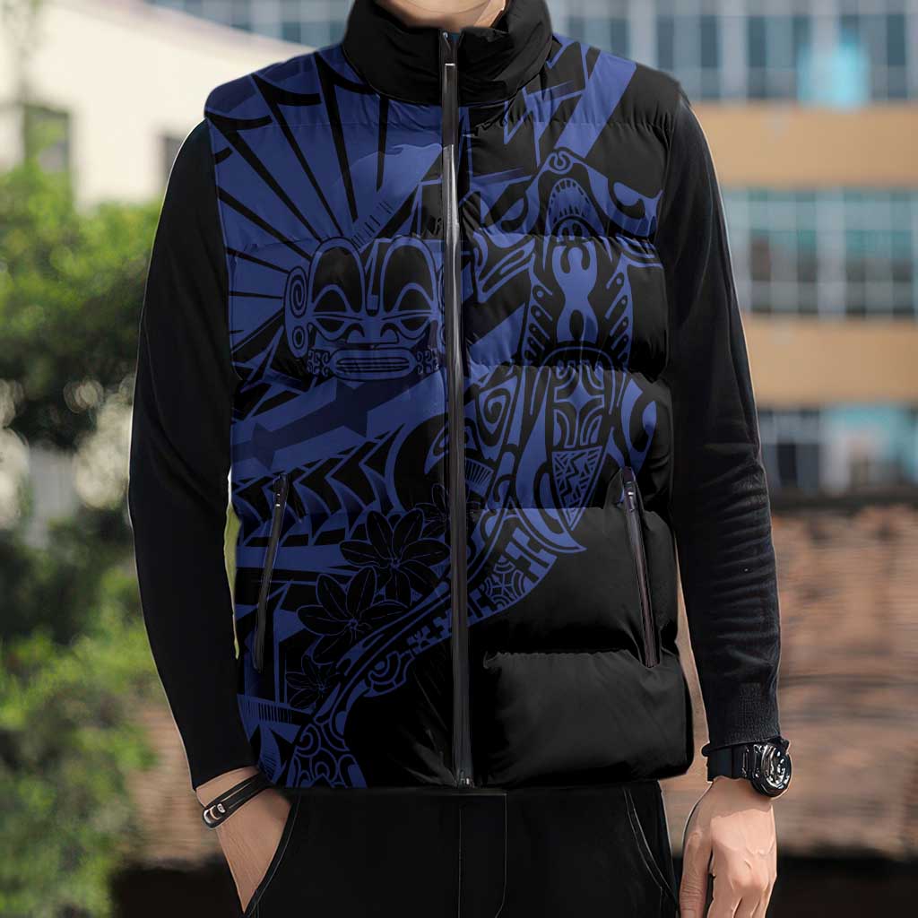Blue Marquesas Islands Sleeveless Puffer Jacket Marquesan Matatiki Hammerhead Shark Patutiki - Polynesian Pride