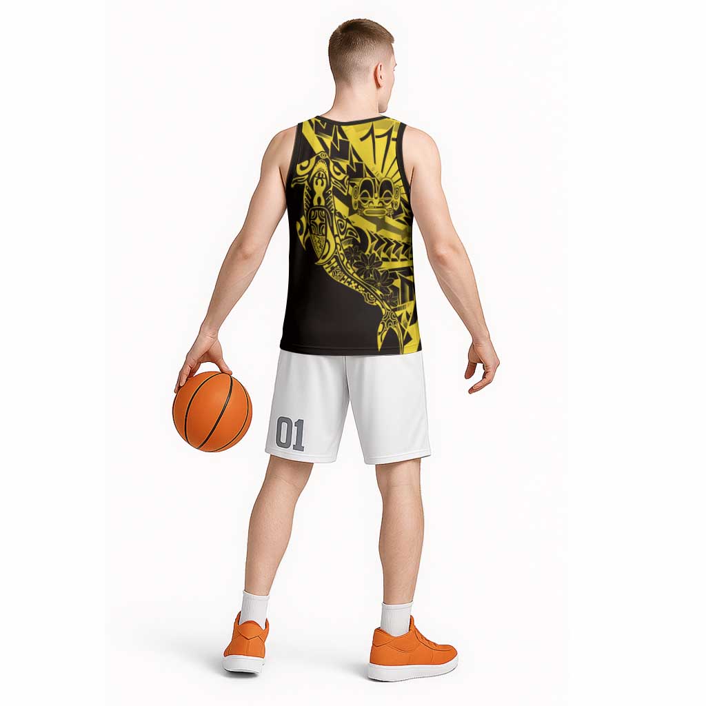 Yellow Marquesas Islands Basketball Jersey Marquesan Matatiki Hammerhead Shark Patutiki - Polynesian Pride