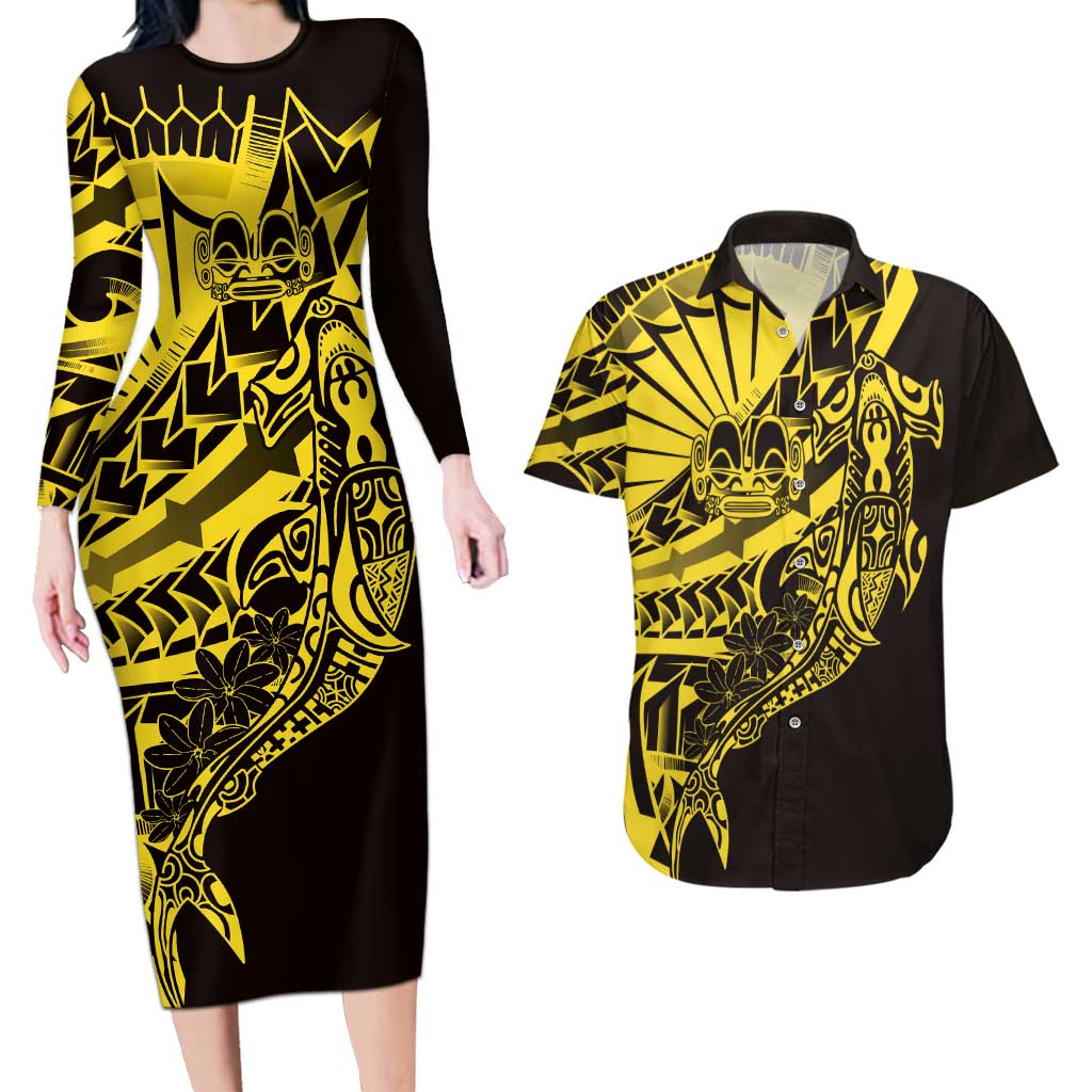 Yellow Marquesas Islands Couples Matching Long Sleeve Bodycon Dress and Hawaiian Shirt Marquesan Matatiki Hammerhead Shark Patutiki LT14 Yellow - Polynesian Pride