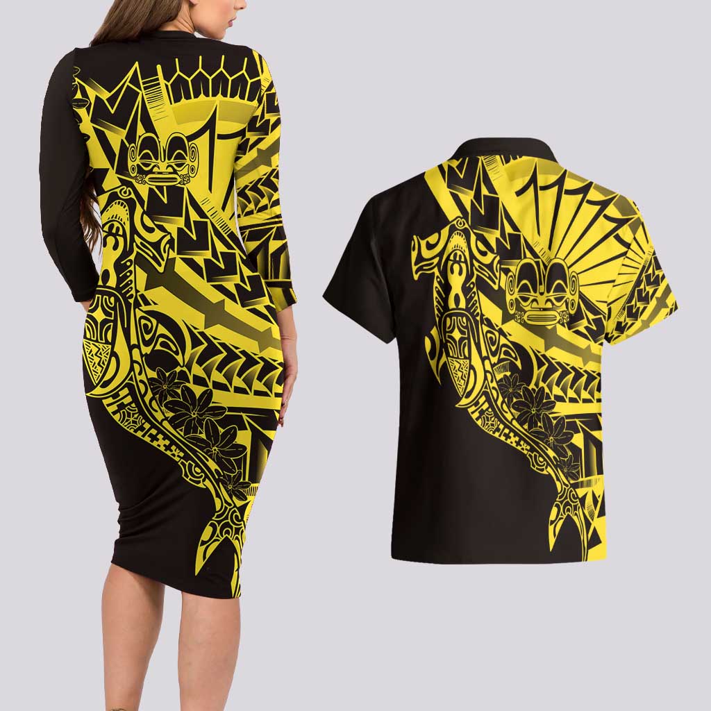 Yellow Marquesas Islands Couples Matching Long Sleeve Bodycon Dress and Hawaiian Shirt Marquesan Matatiki Hammerhead Shark Patutiki LT14 - Polynesian Pride