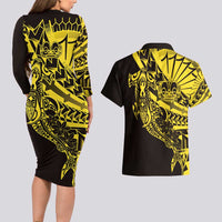 Yellow Marquesas Islands Couples Matching Long Sleeve Bodycon Dress and Hawaiian Shirt Marquesan Matatiki Hammerhead Shark Patutiki LT14 - Polynesian Pride