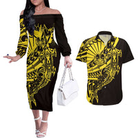 Yellow Marquesas Islands Couples Matching Off The Shoulder Long Sleeve Dress and Hawaiian Shirt Marquesan Matatiki Hammerhead Shark Patutiki LT14 Yellow - Polynesian Pride