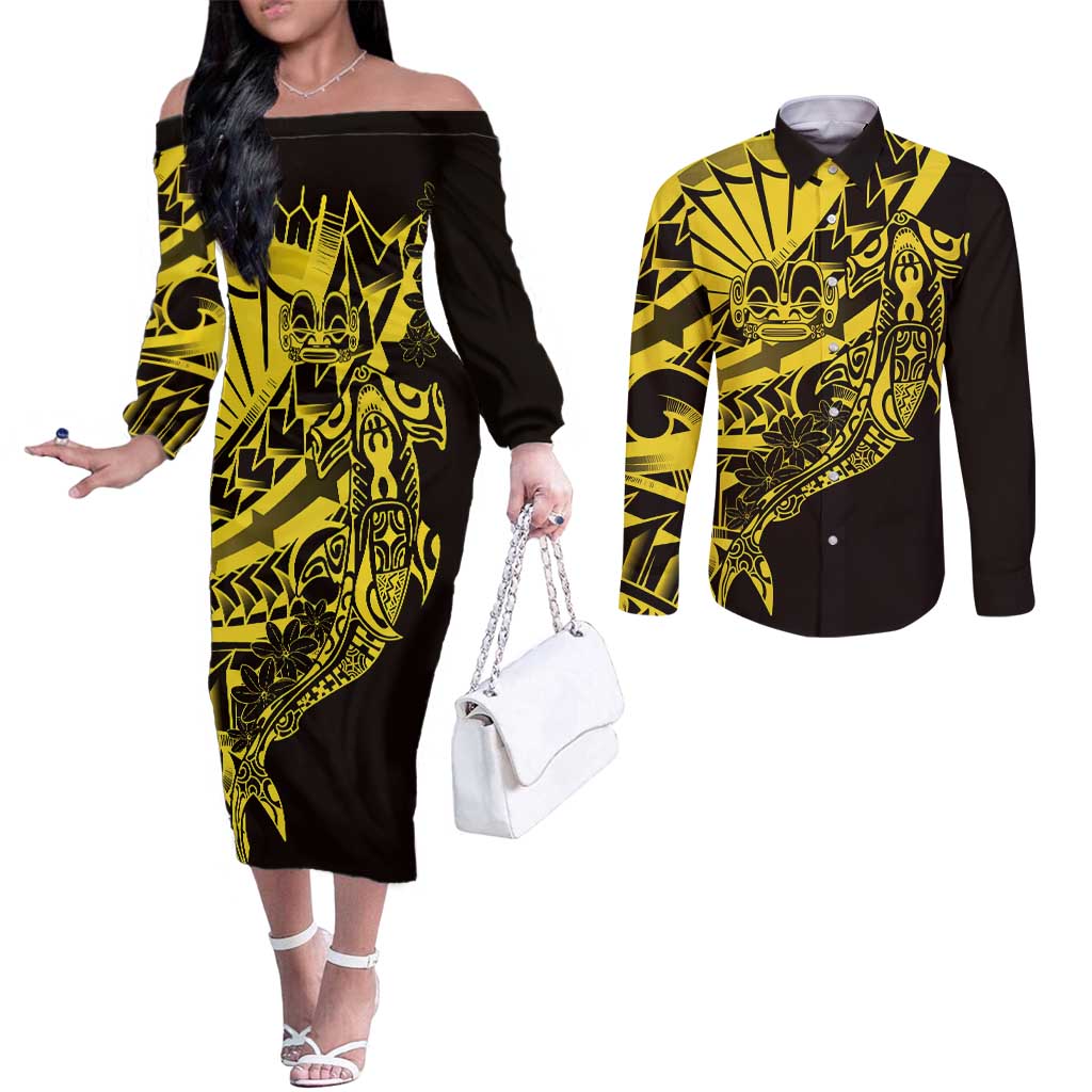 Yellow Marquesas Islands Couples Matching Off The Shoulder Long Sleeve Dress and Long Sleeve Button Shirt Marquesan Matatiki Hammerhead Shark Patutiki - Polynesian Pride
