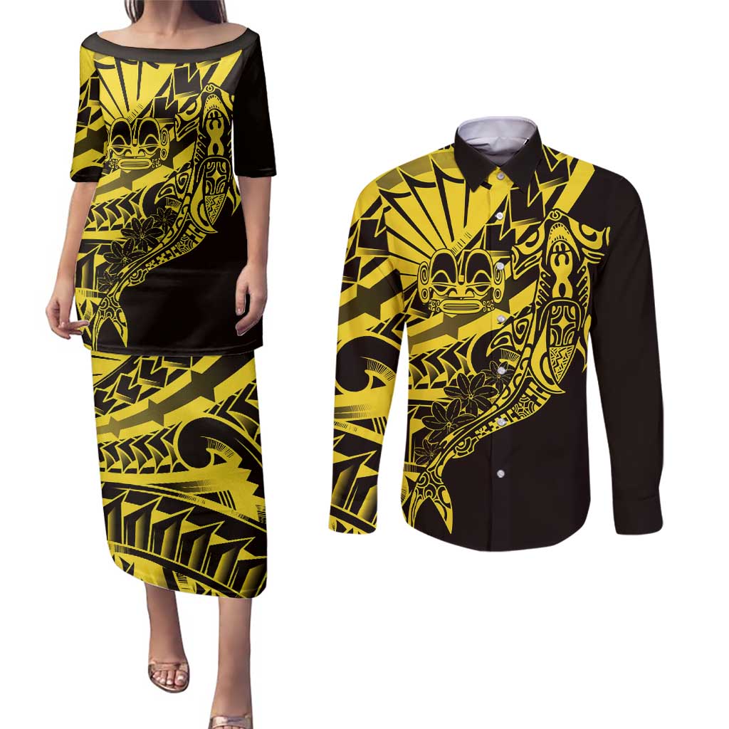 Yellow Marquesas Islands Couples Matching Puletasi and Long Sleeve Button Shirt Marquesan Matatiki Hammerhead Shark Patutiki LT14 Yellow - Polynesian Pride