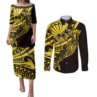 Yellow Marquesas Islands Couples Matching Puletasi and Long Sleeve Button Shirt Marquesan Matatiki Hammerhead Shark Patutiki LT14 Yellow - Polynesian Pride