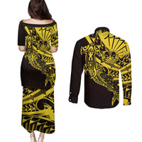 Yellow Marquesas Islands Couples Matching Puletasi and Long Sleeve Button Shirt Marquesan Matatiki Hammerhead Shark Patutiki LT14 - Polynesian Pride