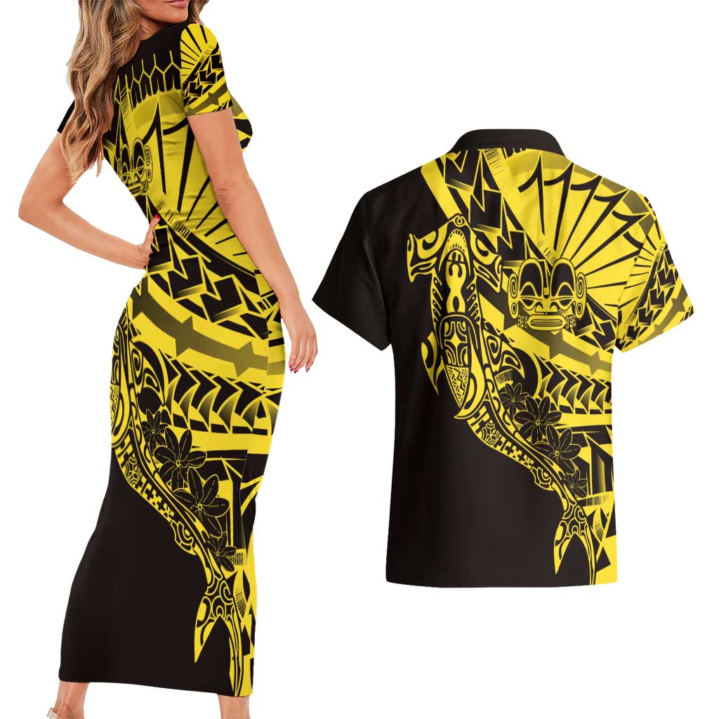 Yellow Marquesas Islands Couples Matching Short Sleeve Bodycon Dress and Hawaiian Shirt Marquesan Matatiki Hammerhead Shark Patutiki LT14 - Polynesian Pride