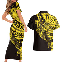 Yellow Marquesas Islands Couples Matching Short Sleeve Bodycon Dress and Hawaiian Shirt Marquesan Matatiki Hammerhead Shark Patutiki LT14 - Polynesian Pride