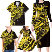 Yellow Marquesas Islands Family Matching Long Sleeve Bodycon Dress and Hawaiian Shirt Marquesan Matatiki Hammerhead Shark Patutiki LT14 - Polynesian Pride