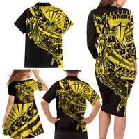Yellow Marquesas Islands Family Matching Long Sleeve Bodycon Dress and Hawaiian Shirt Marquesan Matatiki Hammerhead Shark Patutiki LT14 - Polynesian Pride