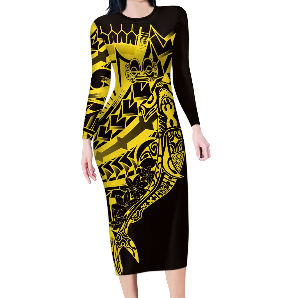 Yellow Marquesas Islands Family Matching Long Sleeve Bodycon Dress and Hawaiian Shirt Marquesan Matatiki Hammerhead Shark Patutiki LT14 Mom's Dress Yellow - Polynesian Pride