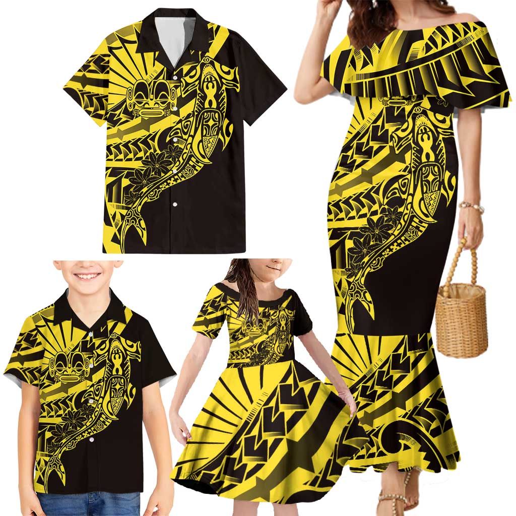 Yellow Marquesas Islands Family Matching Mermaid Dress and Hawaiian Shirt Marquesan Matatiki Hammerhead Shark Patutiki LT14 - Polynesian Pride