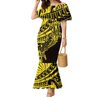 Yellow Marquesas Islands Family Matching Mermaid Dress and Hawaiian Shirt Marquesan Matatiki Hammerhead Shark Patutiki LT14 Mom's Dress Yellow - Polynesian Pride