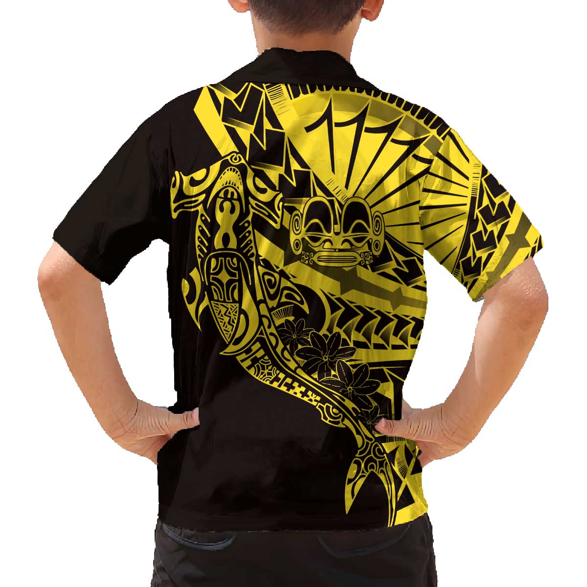 Yellow Marquesas Islands Family Matching Off The Shoulder Long Sleeve Dress and Hawaiian Shirt Marquesan Matatiki Hammerhead Shark Patutiki LT14 - Polynesian Pride