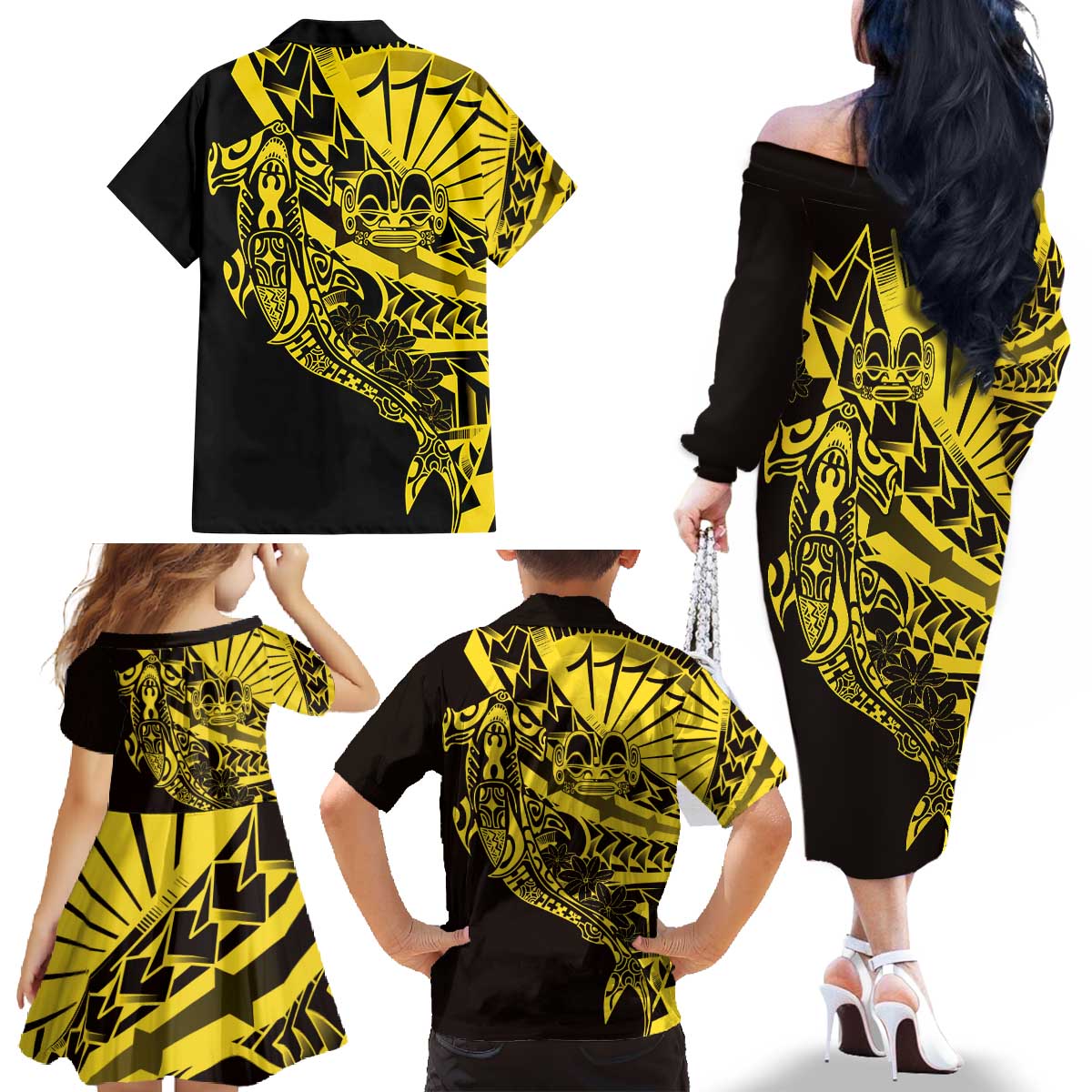 Yellow Marquesas Islands Family Matching Off The Shoulder Long Sleeve Dress and Hawaiian Shirt Marquesan Matatiki Hammerhead Shark Patutiki LT14 - Polynesian Pride