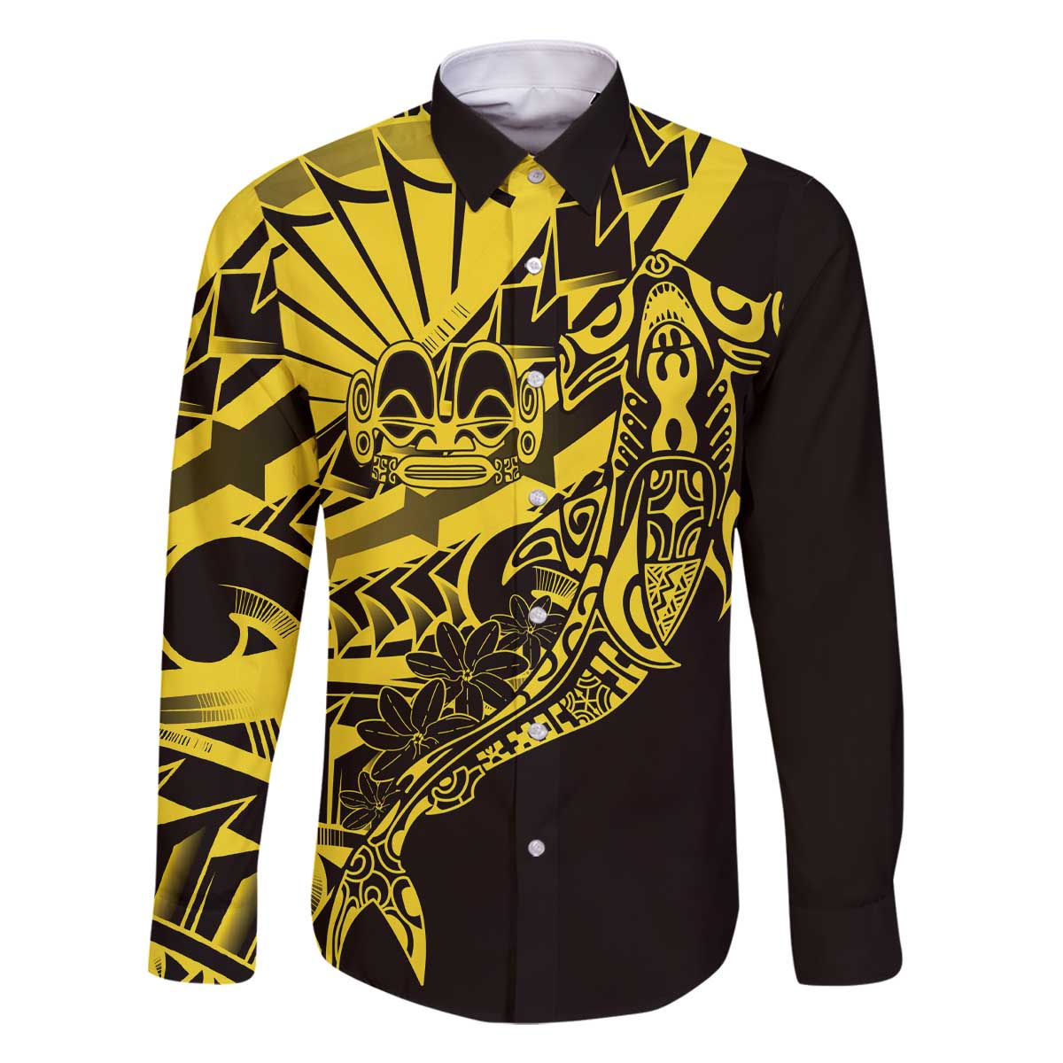 Yellow Marquesas Islands Family Matching Off The Shoulder Long Sleeve Dress and Hawaiian Shirt Marquesan Matatiki Hammerhead Shark Patutiki LT14 Dad's Shirt - Long Sleeve Yellow - Polynesian Pride