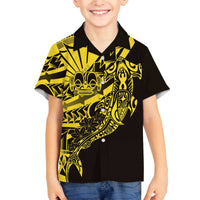 Yellow Marquesas Islands Family Matching Off The Shoulder Long Sleeve Dress and Hawaiian Shirt Marquesan Matatiki Hammerhead Shark Patutiki LT14 Son's Shirt Yellow - Polynesian Pride