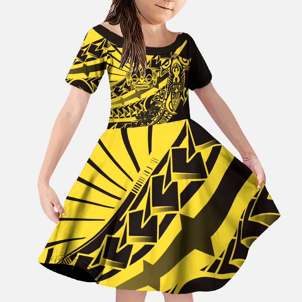 Yellow Marquesas Islands Family Matching Off Shoulder Maxi Dress and Hawaiian Shirt Marquesan Matatiki Hammerhead Shark Patutiki LT14 Daughter's Dress Yellow - Polynesian Pride