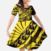 Yellow Marquesas Islands Family Matching Off Shoulder Maxi Dress and Hawaiian Shirt Marquesan Matatiki Hammerhead Shark Patutiki LT14 Daughter's Dress Yellow - Polynesian Pride