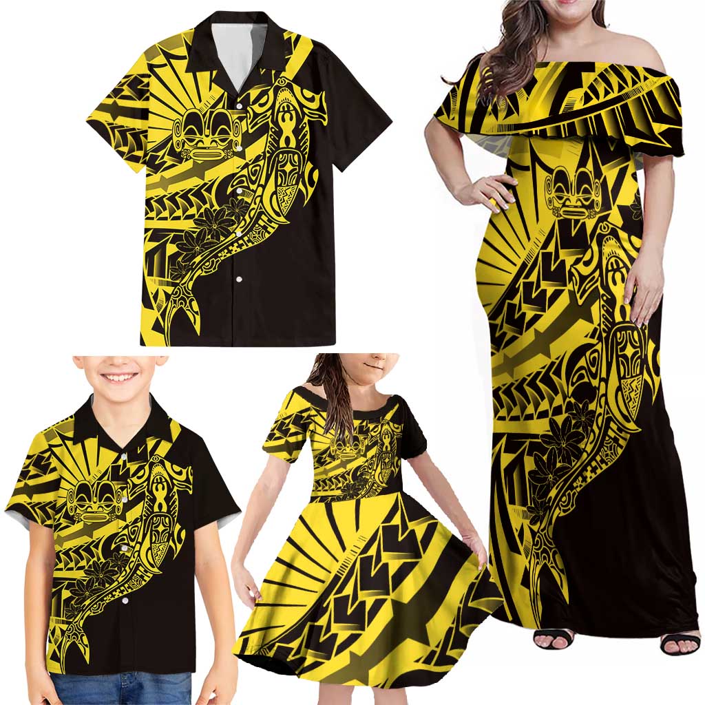 Yellow Marquesas Islands Family Matching Off Shoulder Maxi Dress and Hawaiian Shirt Marquesan Matatiki Hammerhead Shark Patutiki LT14 - Polynesian Pride