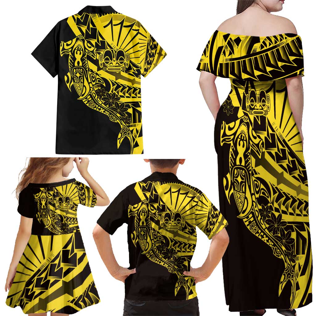 Yellow Marquesas Islands Family Matching Off Shoulder Maxi Dress and Hawaiian Shirt Marquesan Matatiki Hammerhead Shark Patutiki LT14 - Polynesian Pride
