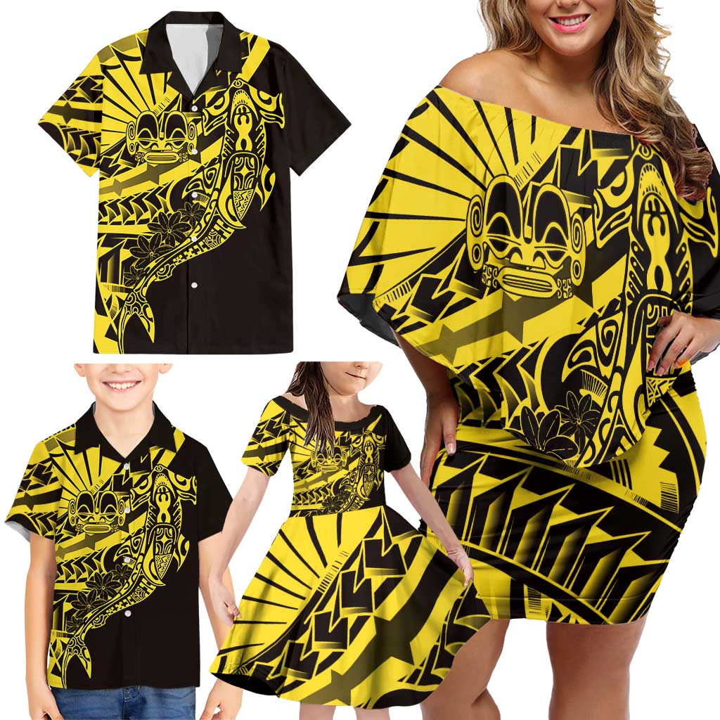 Yellow Marquesas Islands Family Matching Off Shoulder Short Dress and Hawaiian Shirt Marquesan Matatiki Hammerhead Shark Patutiki LT14 - Polynesian Pride
