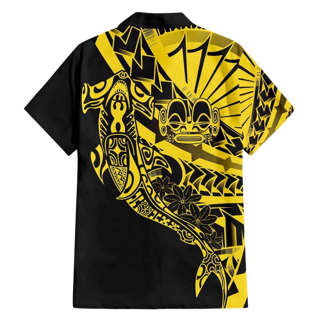 Yellow Marquesas Islands Family Matching Off Shoulder Short Dress and Hawaiian Shirt Marquesan Matatiki Hammerhead Shark Patutiki LT14 - Polynesian Pride