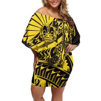 Yellow Marquesas Islands Family Matching Off Shoulder Short Dress and Hawaiian Shirt Marquesan Matatiki Hammerhead Shark Patutiki LT14 Mom's Dress Yellow - Polynesian Pride