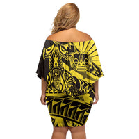 Yellow Marquesas Islands Family Matching Off Shoulder Short Dress and Hawaiian Shirt Marquesan Matatiki Hammerhead Shark Patutiki LT14 - Polynesian Pride