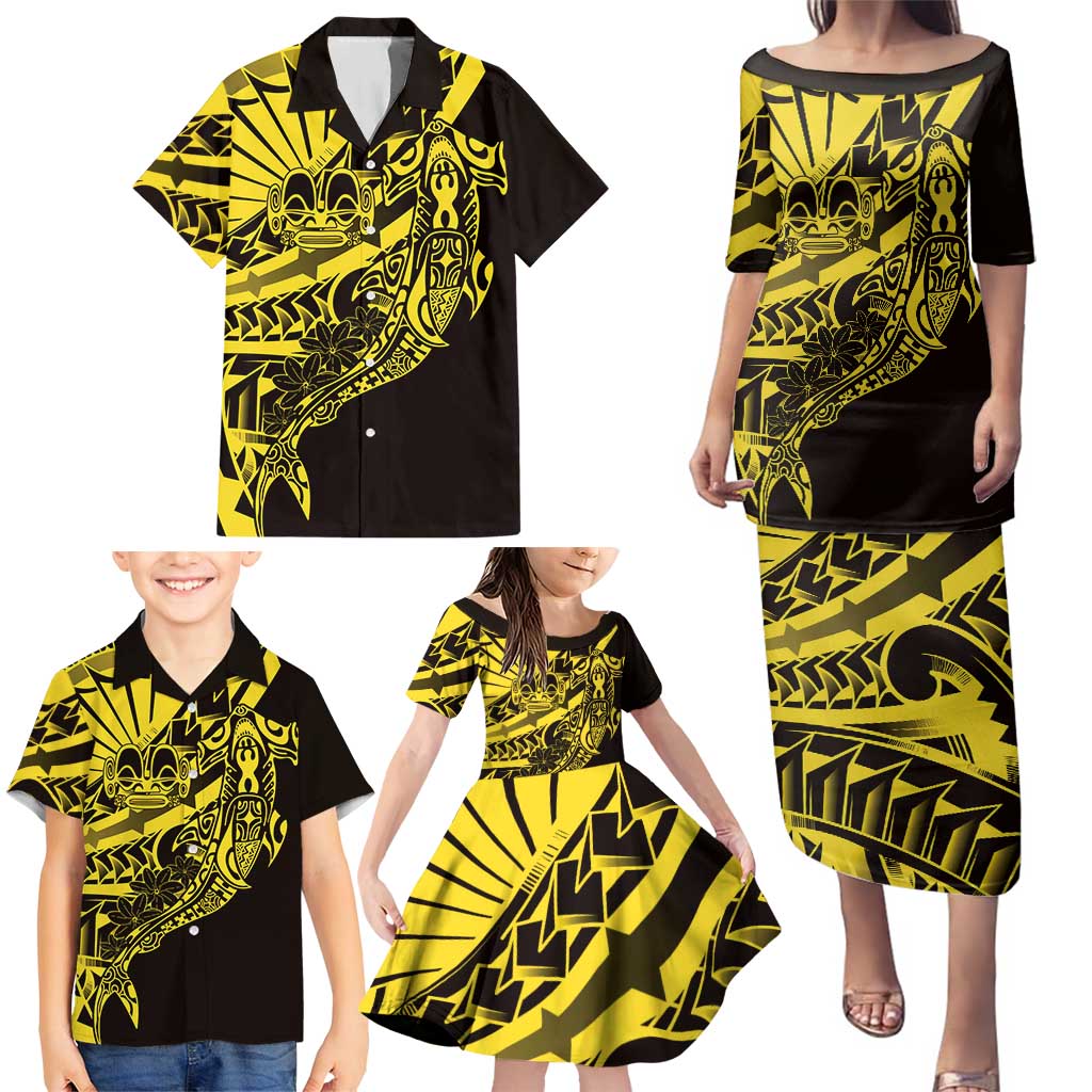 Yellow Marquesas Islands Family Matching Puletasi and Hawaiian Shirt Marquesan Matatiki Hammerhead Shark Patutiki LT14 - Polynesian Pride
