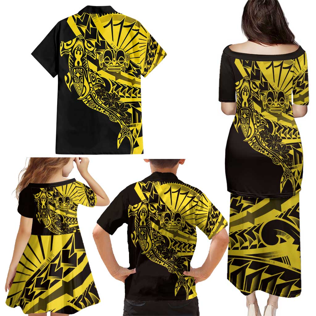 Yellow Marquesas Islands Family Matching Puletasi and Hawaiian Shirt Marquesan Matatiki Hammerhead Shark Patutiki LT14 - Polynesian Pride