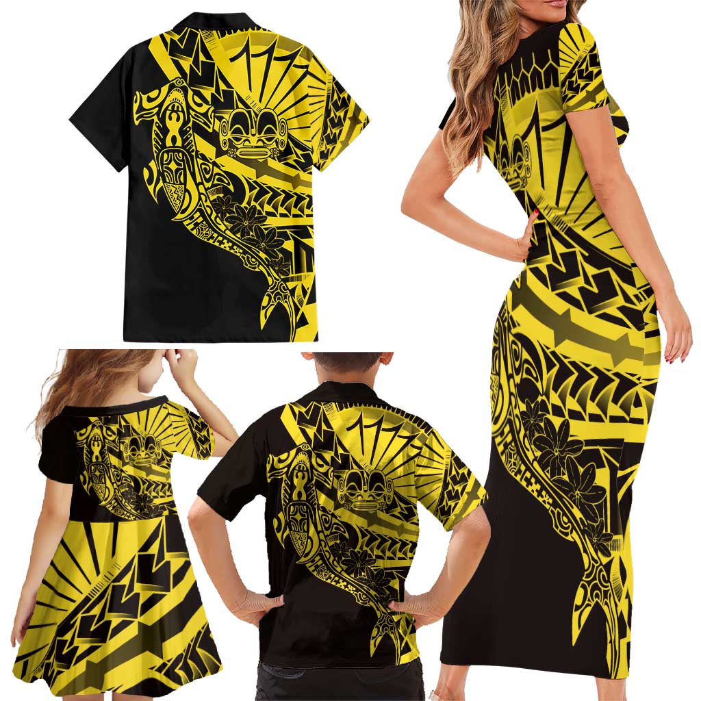Yellow Marquesas Islands Family Matching Short Sleeve Bodycon Dress and Hawaiian Shirt Marquesan Matatiki Hammerhead Shark Patutiki LT14 - Polynesian Pride