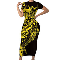 Yellow Marquesas Islands Family Matching Short Sleeve Bodycon Dress and Hawaiian Shirt Marquesan Matatiki Hammerhead Shark Patutiki LT14 Mom's Dress Yellow - Polynesian Pride