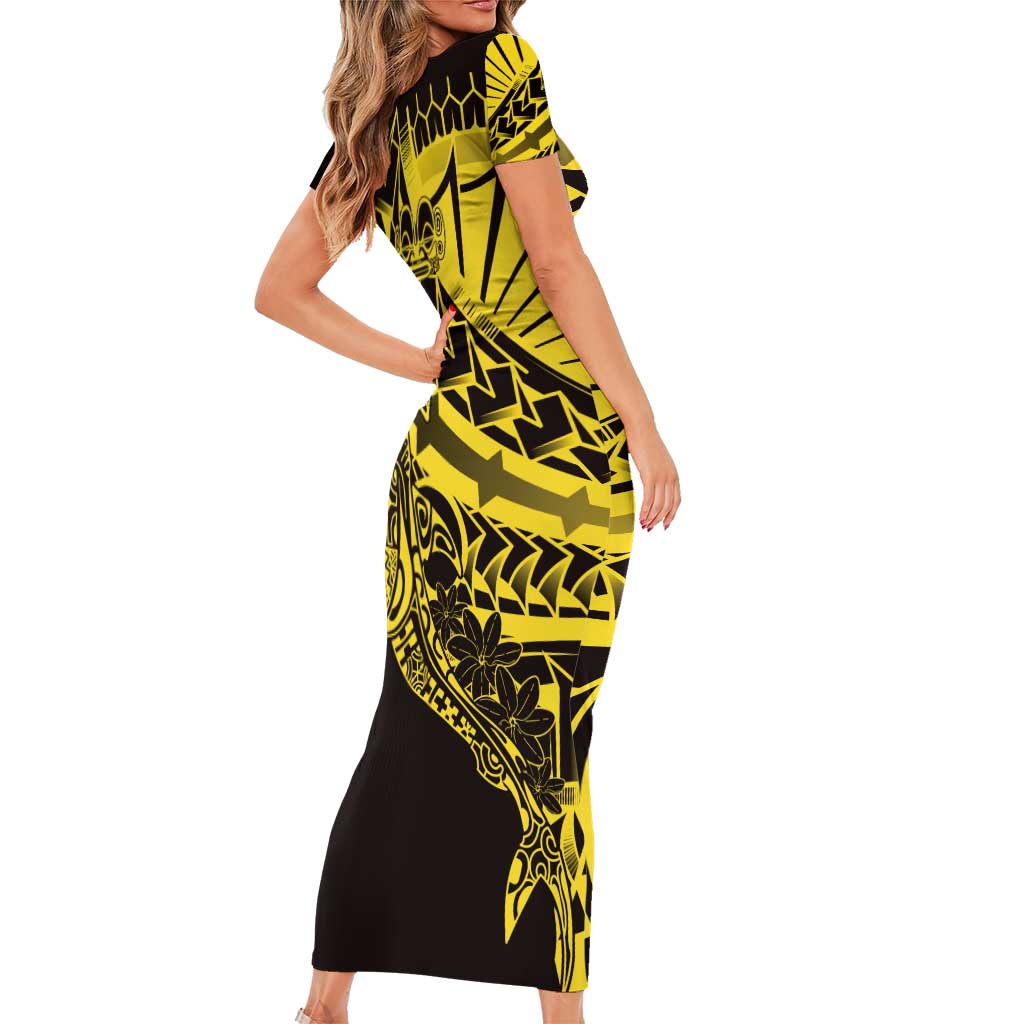 Yellow Marquesas Islands Family Matching Short Sleeve Bodycon Dress and Hawaiian Shirt Marquesan Matatiki Hammerhead Shark Patutiki LT14 - Polynesian Pride