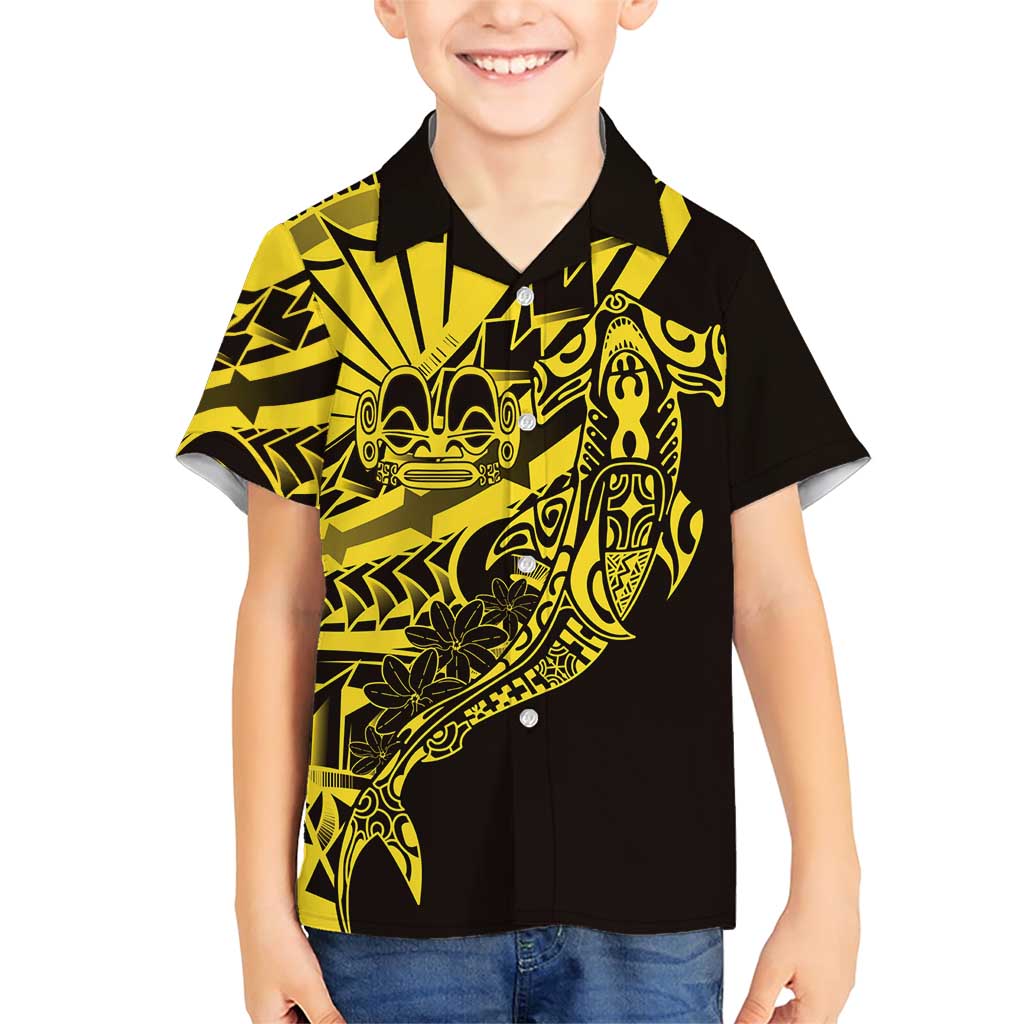 Yellow Marquesas Islands Family Matching Short Sleeve Bodycon Dress and Hawaiian Shirt Marquesan Matatiki Hammerhead Shark Patutiki LT14 Son's Shirt Yellow - Polynesian Pride