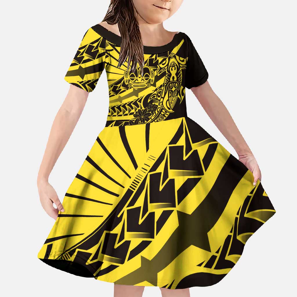 Yellow Marquesas Islands Family Matching Summer Maxi Dress and Hawaiian Shirt Marquesan Matatiki Hammerhead Shark Patutiki LT14 Daughter's Dress Yellow - Polynesian Pride