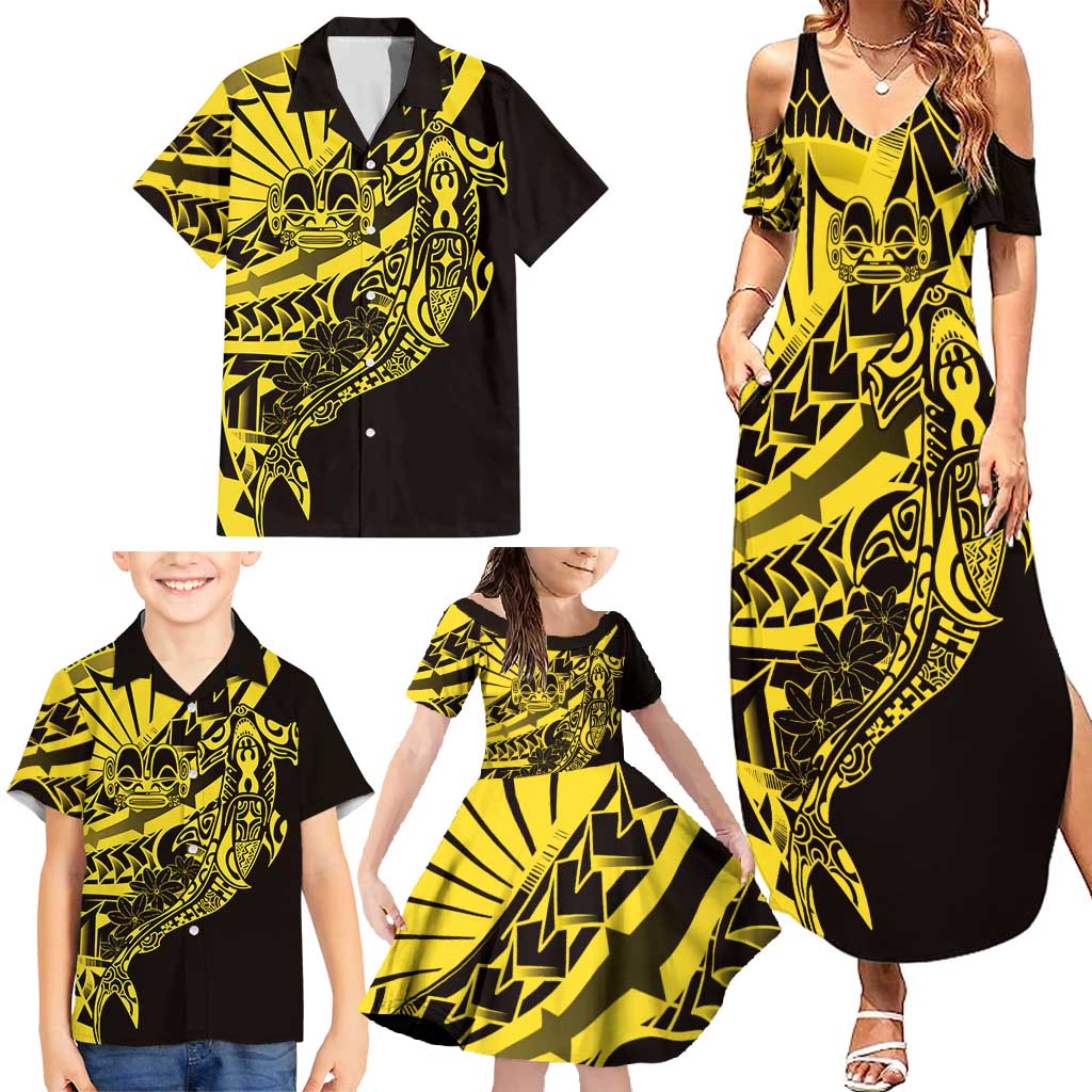 Yellow Marquesas Islands Family Matching Summer Maxi Dress and Hawaiian Shirt Marquesan Matatiki Hammerhead Shark Patutiki LT14 - Polynesian Pride