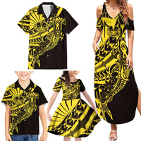Yellow Marquesas Islands Family Matching Summer Maxi Dress and Hawaiian Shirt Marquesan Matatiki Hammerhead Shark Patutiki LT14 - Polynesian Pride
