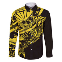 Yellow Marquesas Islands Family Matching Tank Maxi Dress and Hawaiian Shirt Marquesan Matatiki Hammerhead Shark Patutiki LT14 Dad's Shirt - Long Sleeve Yellow - Polynesian Pride