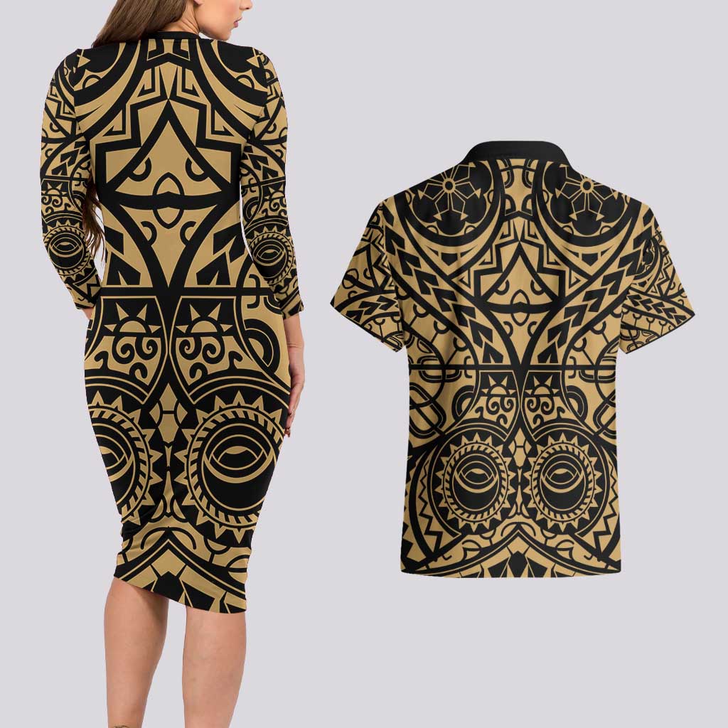 Austral Islands Couples Matching Long Sleeve Bodycon Dress and Hawaiian Shirt Tuhaa Pae Penu Stars Necklace Gold LT14 - Polynesian Pride