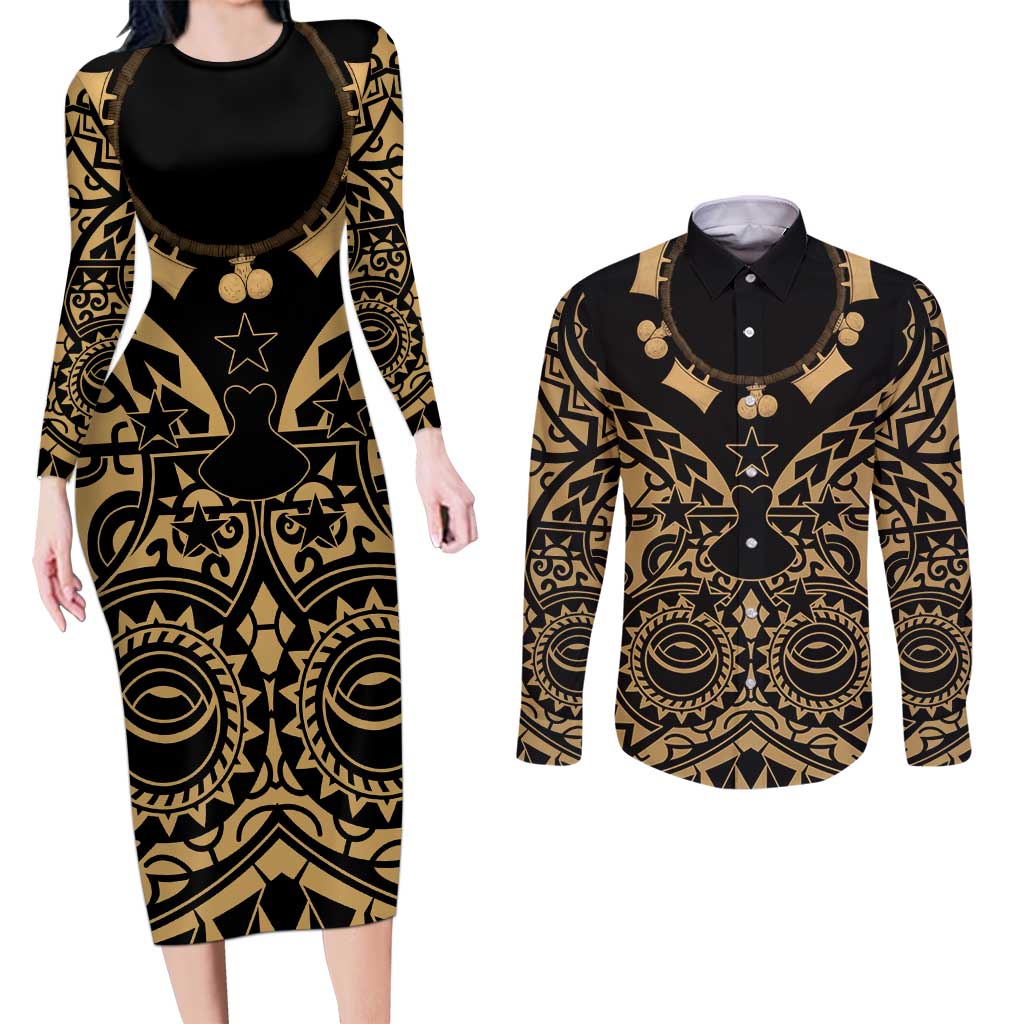 Austral Islands Couples Matching Long Sleeve Bodycon Dress and Long Sleeve Button Shirt Tuhaa Pae Penu Stars Necklace Gold LT14 Gold - Polynesian Pride