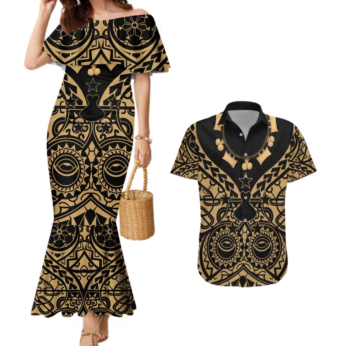 Austral Islands Couples Matching Mermaid Dress and Hawaiian Shirt Tuhaa Pae Penu Stars Necklace Gold - Polynesian Pride
