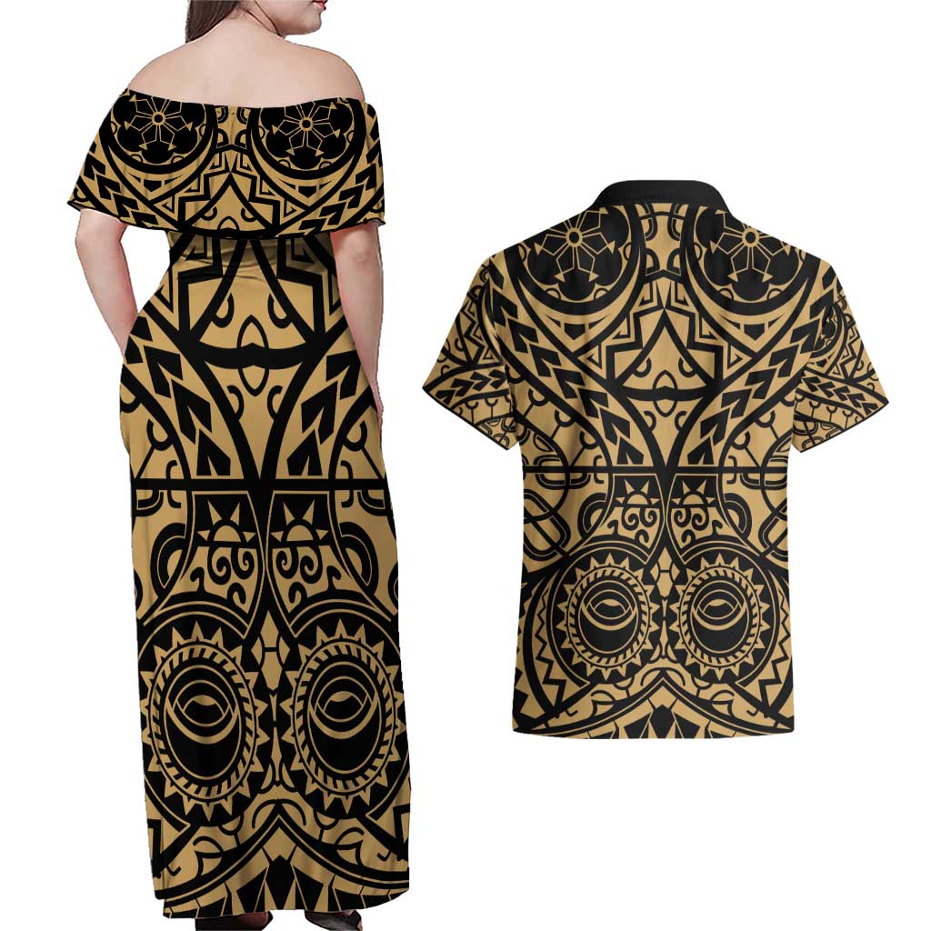 Austral Islands Couples Matching Off Shoulder Maxi Dress and Hawaiian Shirt Tuhaa Pae Penu Stars Necklace Gold - Polynesian Pride