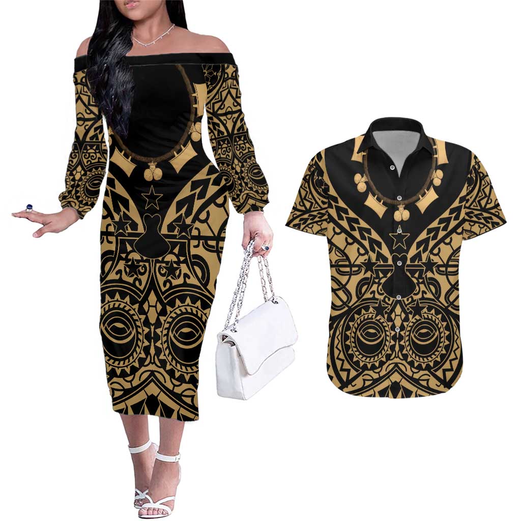 Austral Islands Couples Matching Off The Shoulder Long Sleeve Dress and Hawaiian Shirt Tuhaa Pae Penu Stars Necklace Gold - Polynesian Pride
