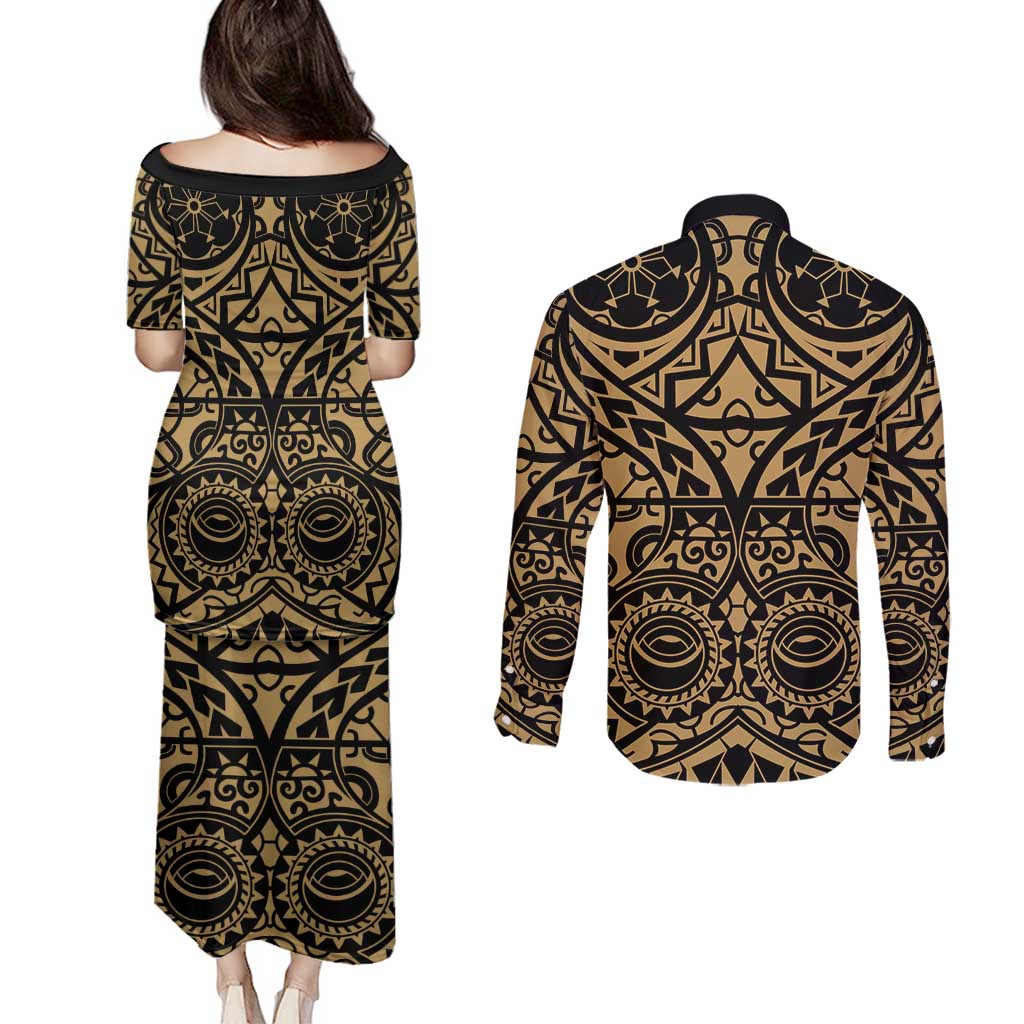 Austral Islands Couples Matching Puletasi and Long Sleeve Button Shirt Tuhaa Pae Penu Stars Necklace Gold - Polynesian Pride