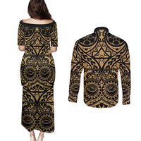 Austral Islands Couples Matching Puletasi and Long Sleeve Button Shirt Tuhaa Pae Penu Stars Necklace Gold - Polynesian Pride