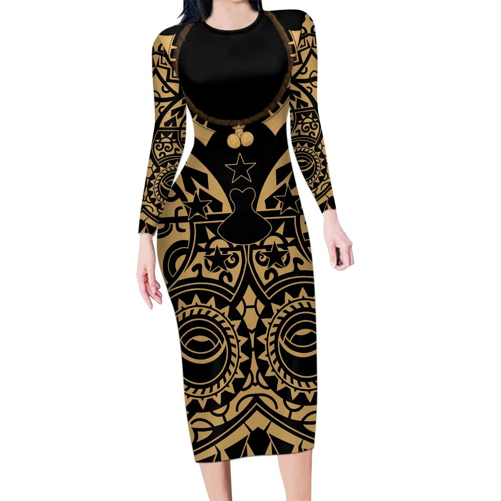 Austral Islands Family Matching Long Sleeve Bodycon Dress and Hawaiian Shirt Tuhaa Pae Penu Stars Necklace Gold LT14 Mom's Dress Gold - Polynesian Pride